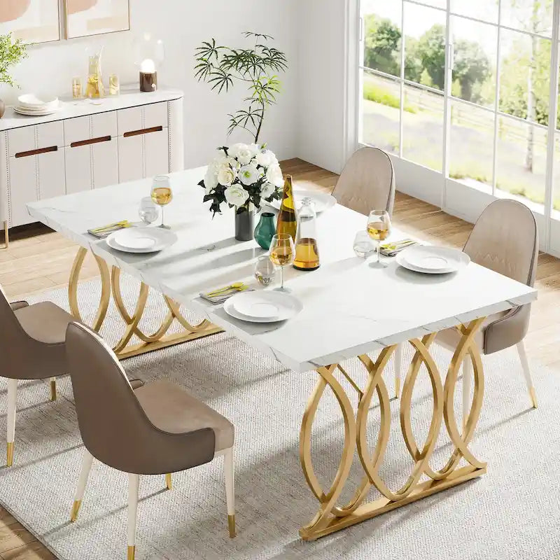 Tavolo da pranzo rettangolare da 63 pollici con piano effetto marmo, bianco e oro
