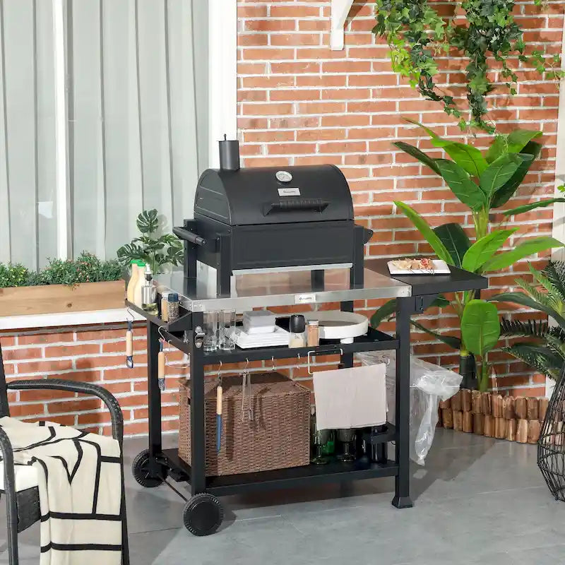 Buitenkeukenwagen met inklapbare zijtafel en roestvrijstalen blad