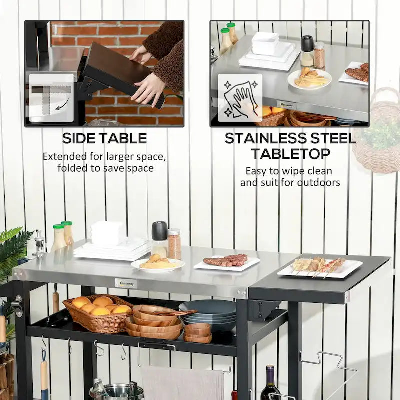 Outdoor Grill Cart with Foldable Side Table and Stainless Steel Top