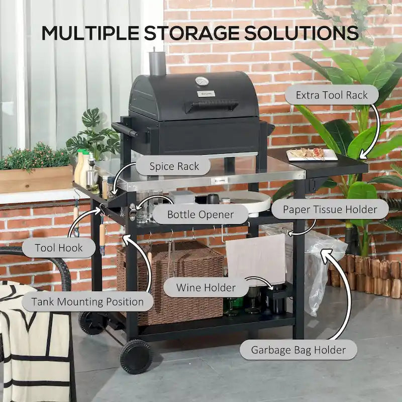 Outdoor Grill Cart with Foldable Side Table and Stainless Steel Top