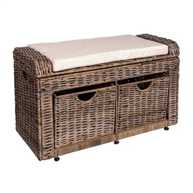 Gray Wicker Storage Bench with Two Baskets