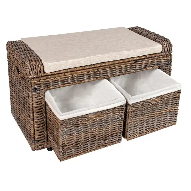 Gray Wicker Storage Bench with Two Baskets