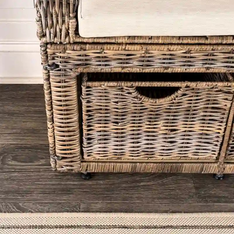 Gray Wicker Storage Bench with Two Baskets
