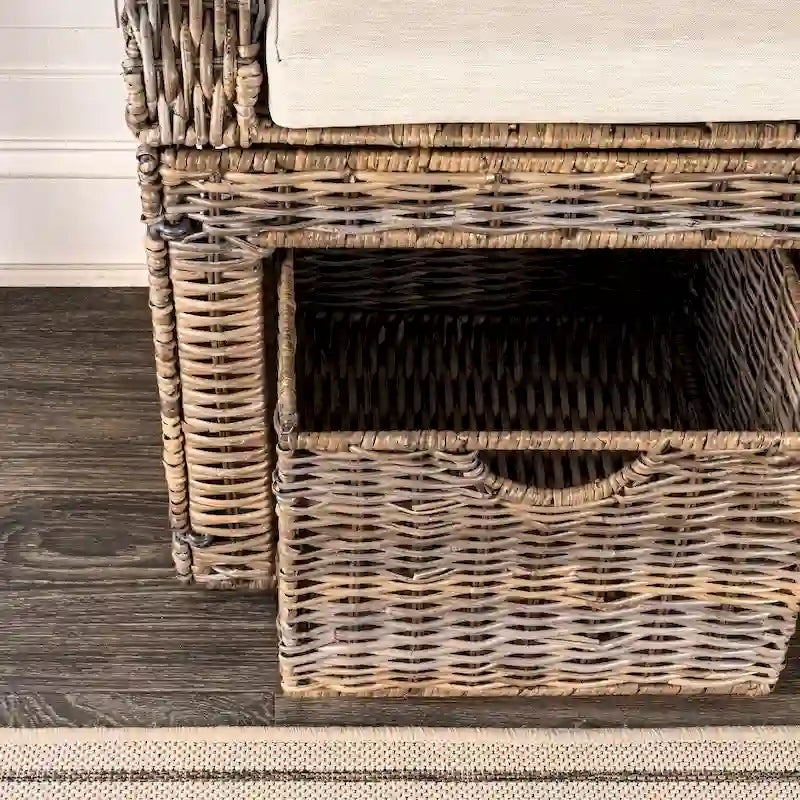 Gray Wicker Storage Bench with Two Baskets