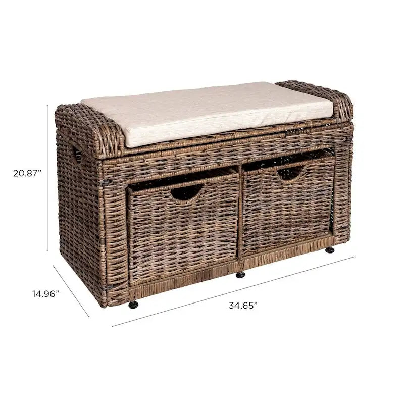 Gray Wicker Storage Bench with Two Baskets