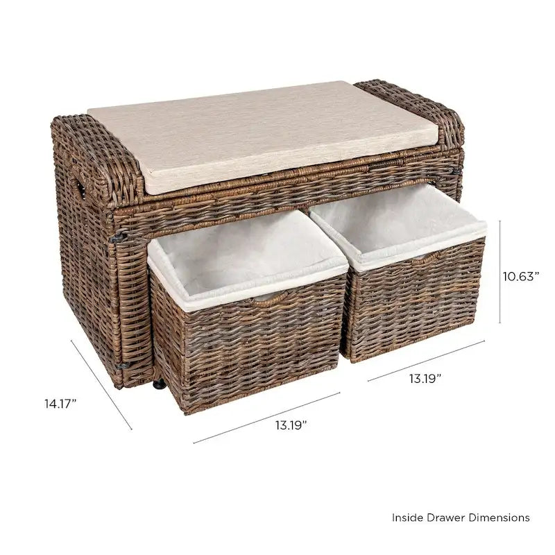 Gray Wicker Storage Bench with Two Baskets