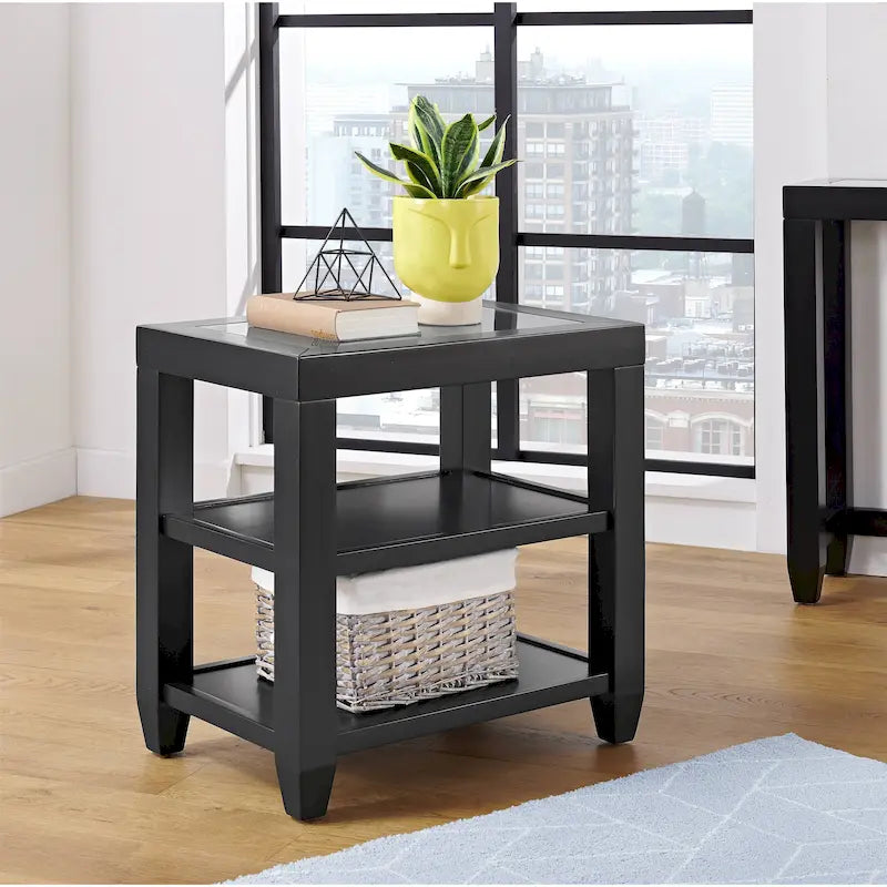 Wood and Glass Top 16-Inch Wide Chairside End Table with Shelf Storage