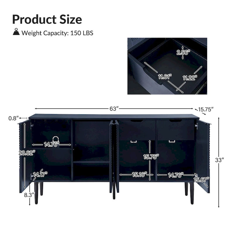 Modern 63Wide 4-Door Sideboard with Wine Rack and Metal Leg