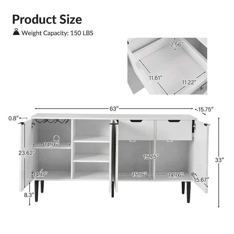 Modern 63Wide 4-Door Sideboard with Wine Rack and Metal Leg
