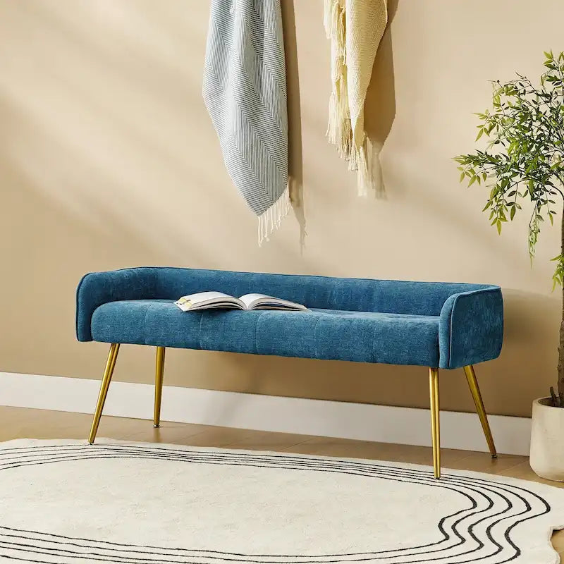 Upholstered Low Back Bench with Gold Metal Tapered Legs