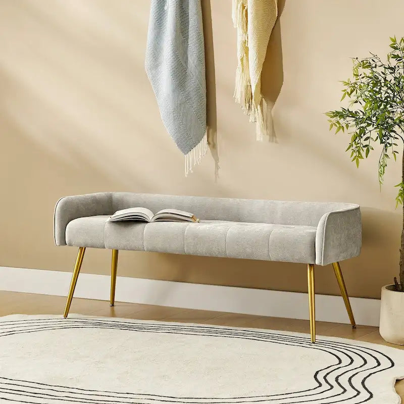 Upholstered Low Back Bench with Gold Metal Tapered Legs