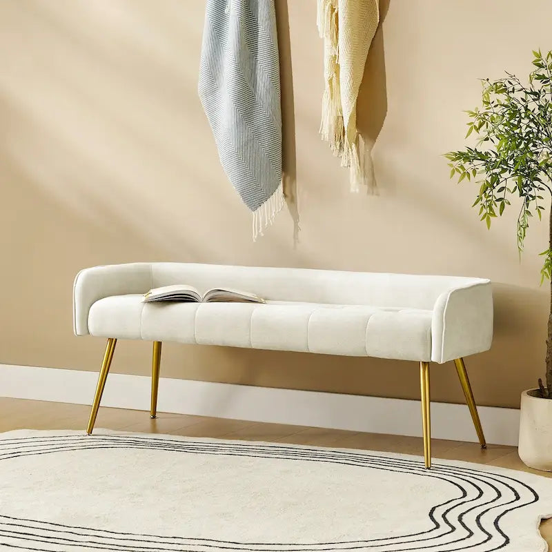 Upholstered Low Back Bench with Gold Metal Tapered Legs