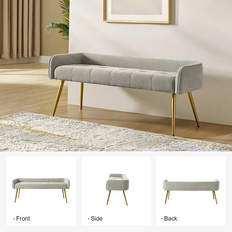 Upholstered Low Back Bench with Gold Metal Tapered Legs