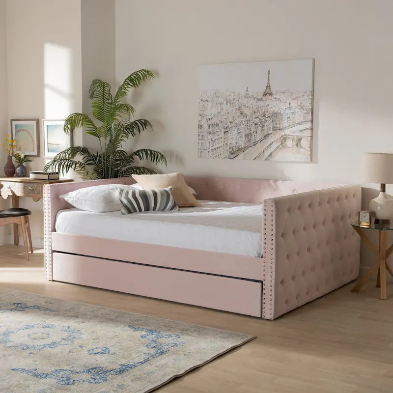 Modern Velvet Upholstered Daybed with Trundle