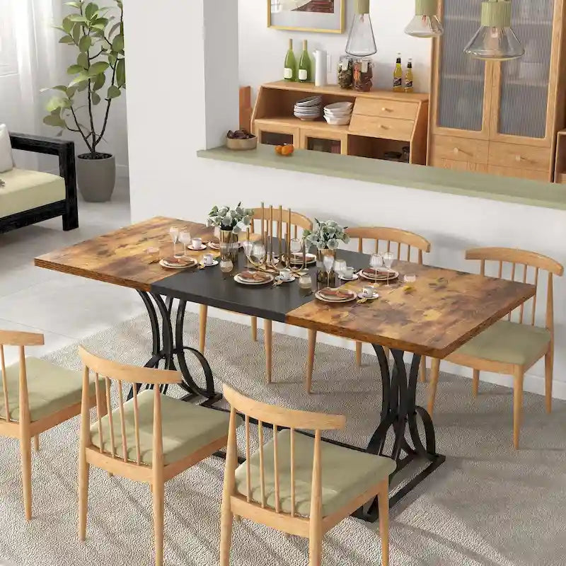 Farmhouse Rectangular Wood and Metal Dining Table for 6-8 People