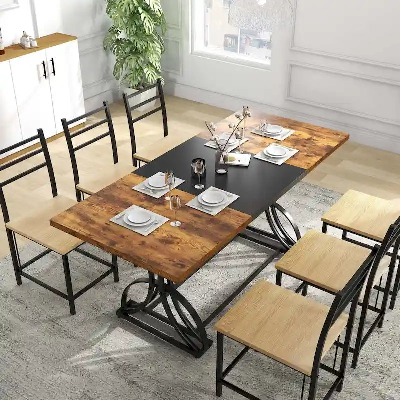 Farmhouse Rectangular Wood and Metal Dining Table for 6-8 People