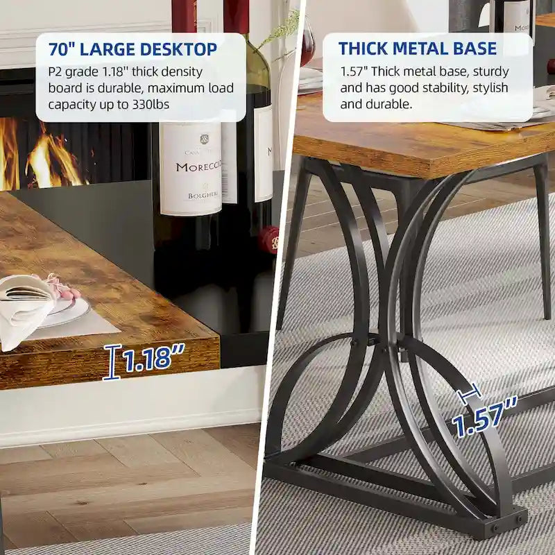 Farmhouse Rectangular Wood and Metal Dining Table for 6-8 People