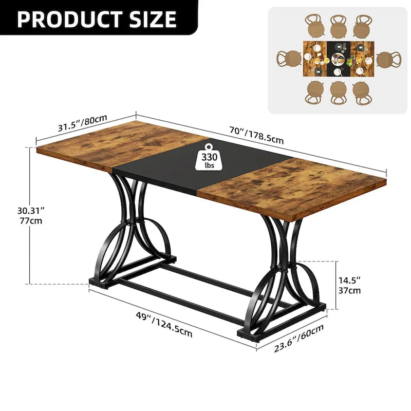 Farmhouse Rectangular Wood and Metal Dining Table for 6-8 People