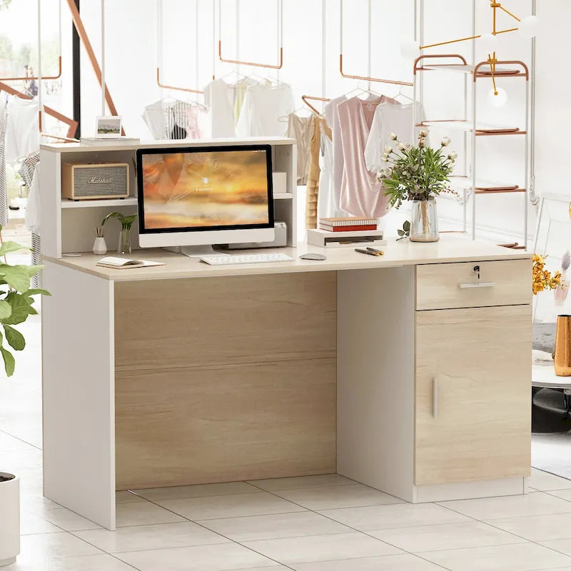 Reception Desk with Wood Front Counter and Lockable Storage