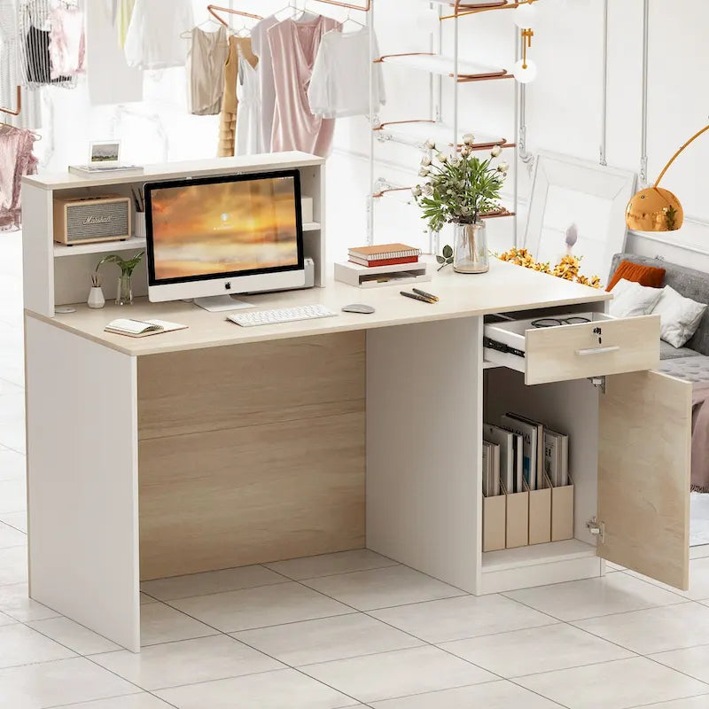 Reception Desk with Wood Front Counter and Lockable Storage