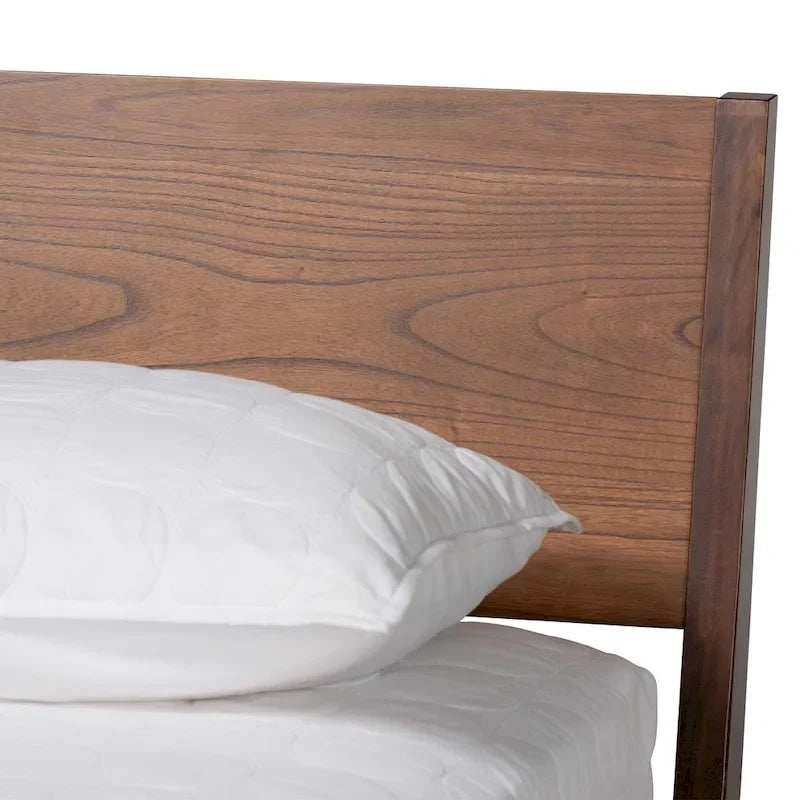 Mid-Century Modern Walnut Brown Finished Wood Platform Bed