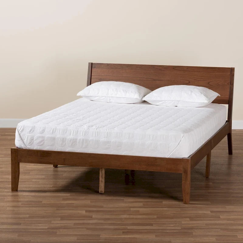 Mid-Century Modern Walnut Brown Finished Wood Platform Bed