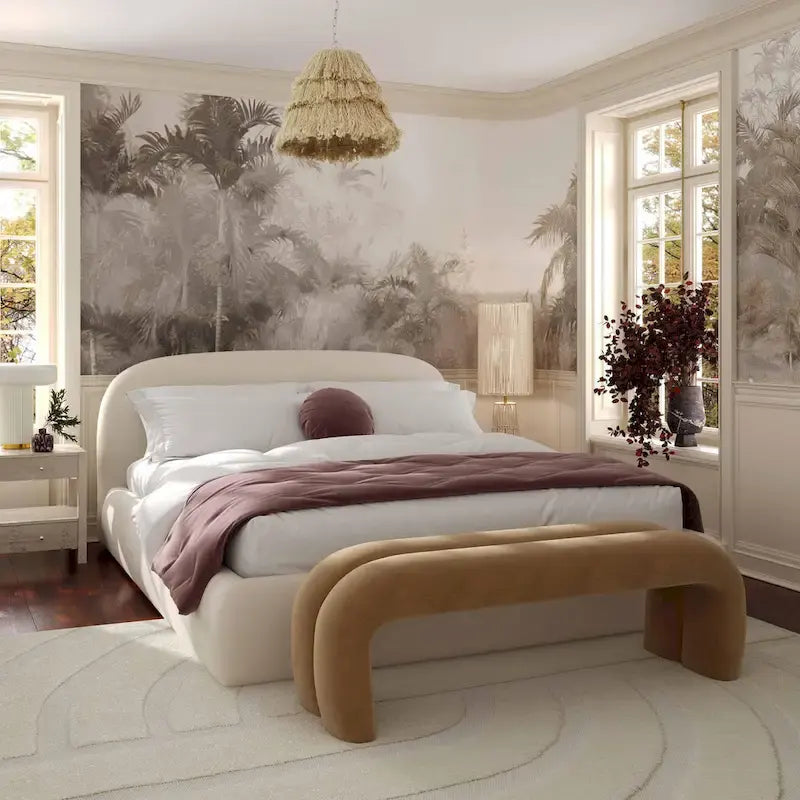 Cream Textured Velvet King Bed