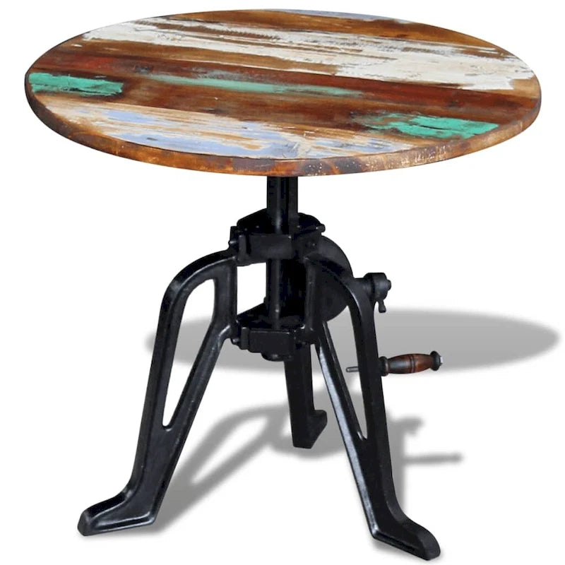 Round Adjustable-Height Wood and Cast Iron Side Table