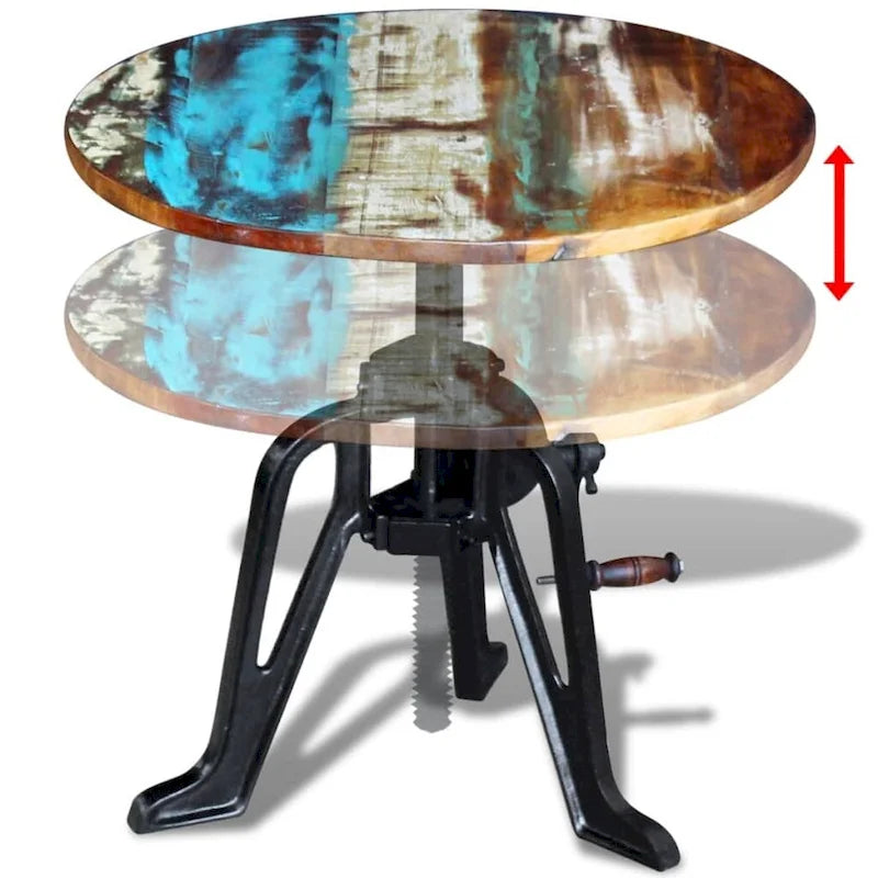 Round Adjustable-Height Wood and Cast Iron Side Table