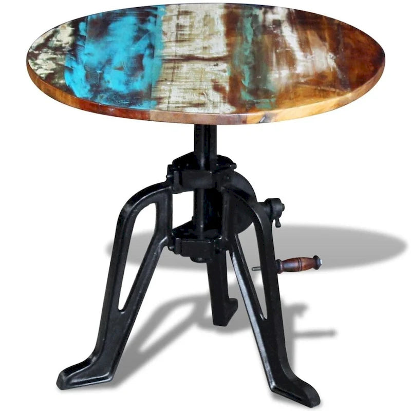 Round Adjustable-Height Wood and Cast Iron Side Table