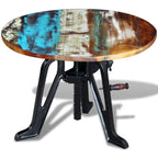 Round Adjustable-Height Wood and Cast Iron Side Table