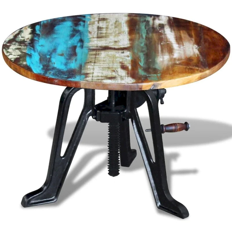 Round Adjustable-Height Wood and Cast Iron Side Table