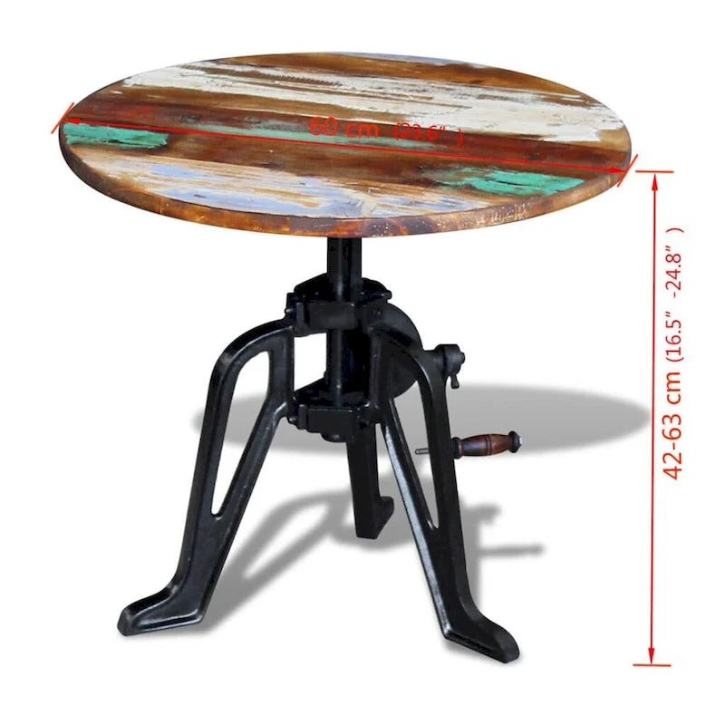 Round Adjustable-Height Wood and Cast Iron Side Table