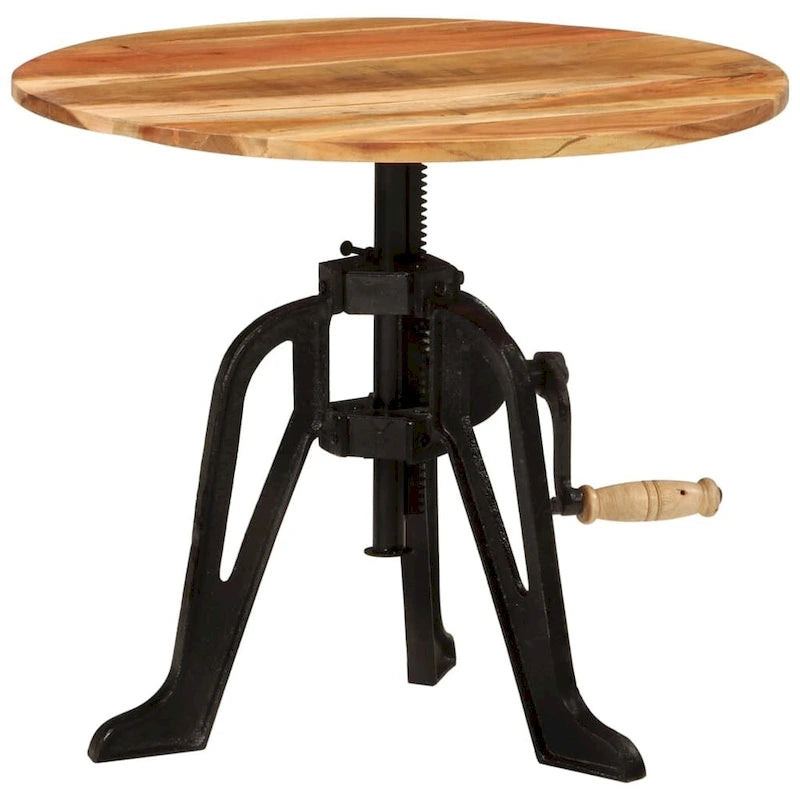 Round Adjustable-Height Wood and Cast Iron Side Table