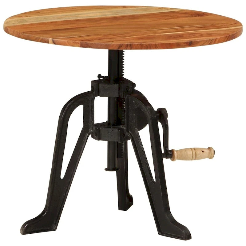 Round Adjustable-Height Wood and Cast Iron Side Table