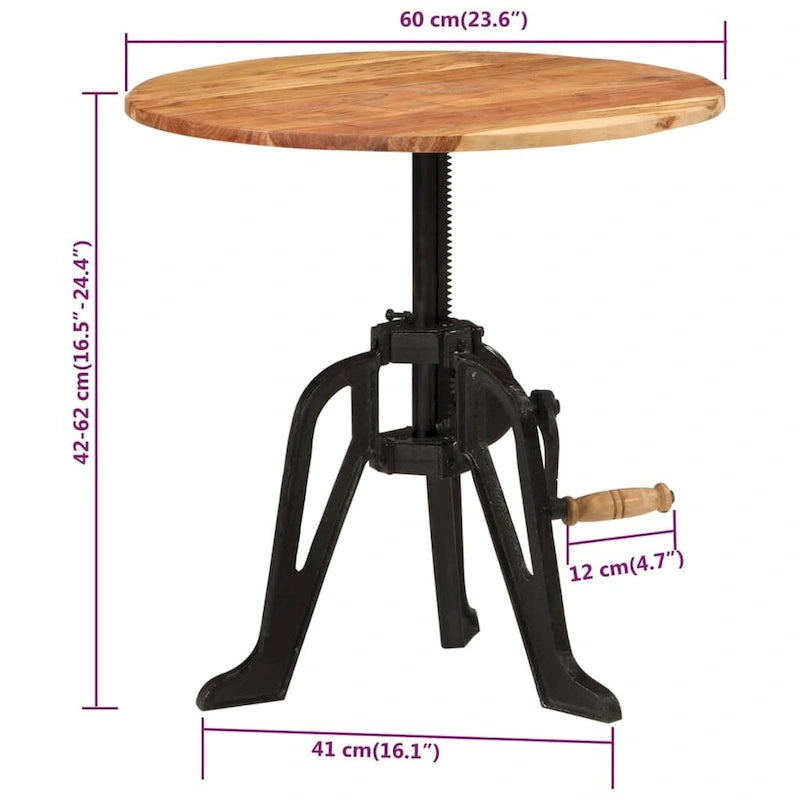 Round Adjustable-Height Wood and Cast Iron Side Table