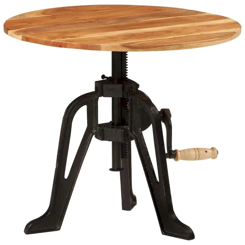 Round Adjustable-Height Wood and Cast Iron Side Table
