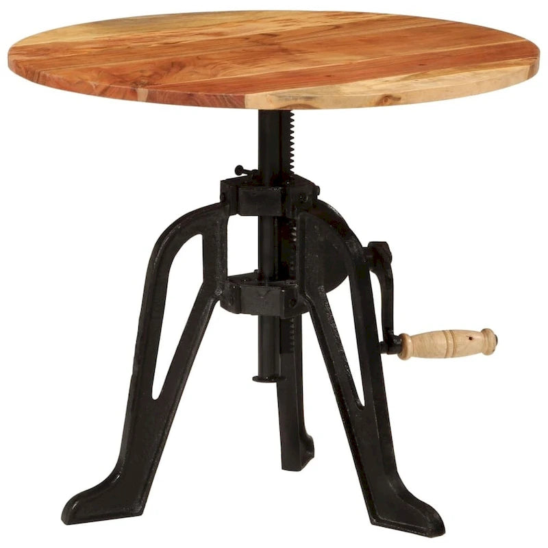 Round Adjustable-Height Wood and Cast Iron Side Table