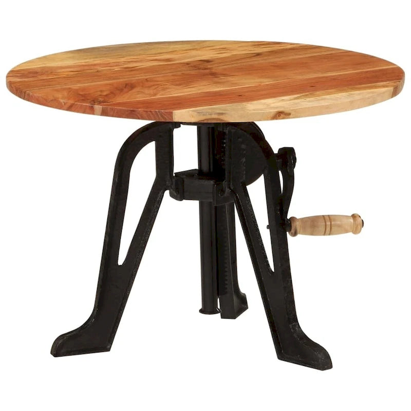 Round Adjustable-Height Wood and Cast Iron Side Table