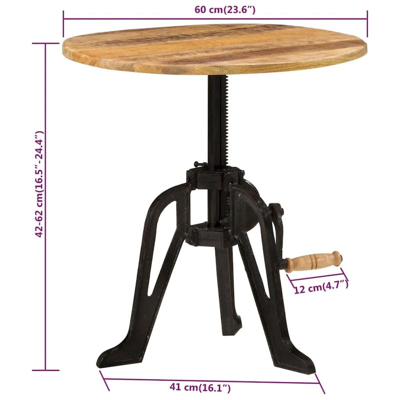 Round Adjustable-Height Wood and Cast Iron Side Table