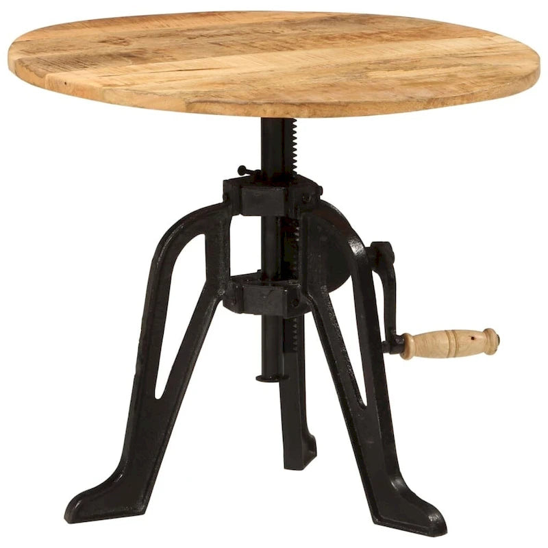 Round Adjustable-Height Wood and Cast Iron Side Table