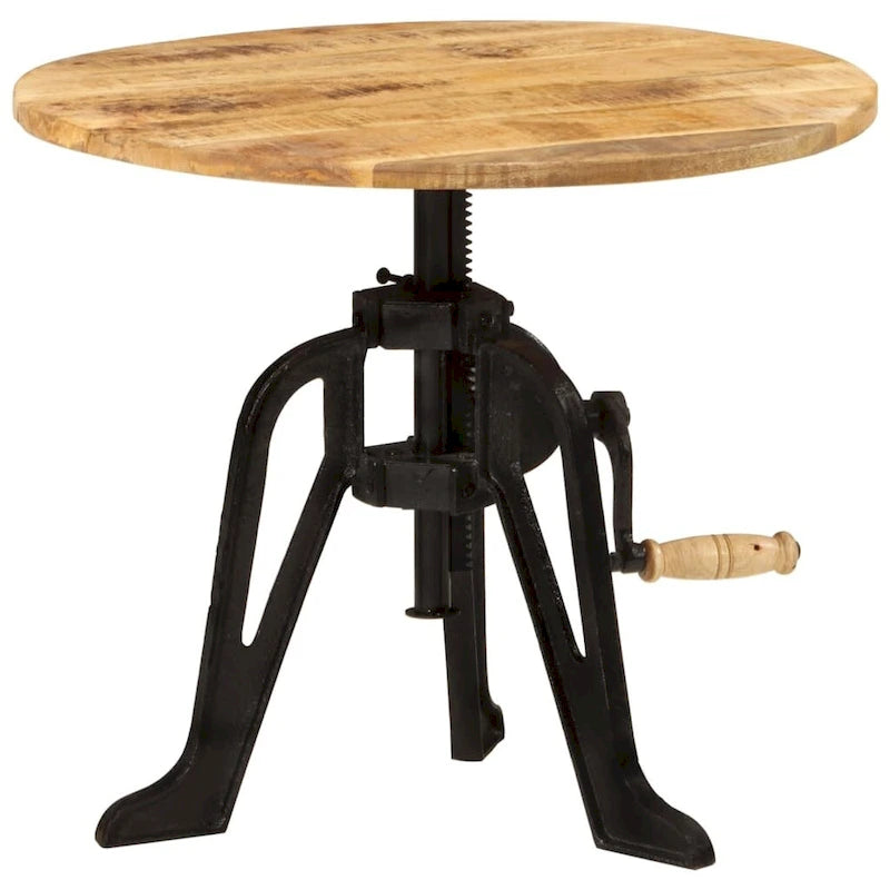 Round Adjustable-Height Wood and Cast Iron Side Table