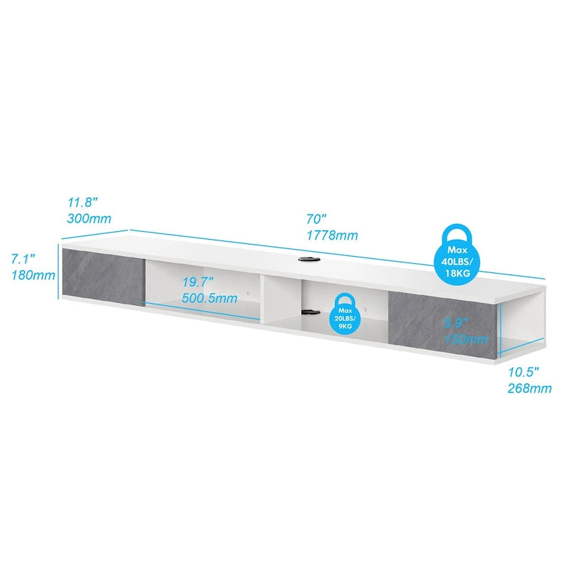 70 Floating TV Stand Wall Mounted, Floating Entertainment Center for Living Room Bedroom, White&Grey