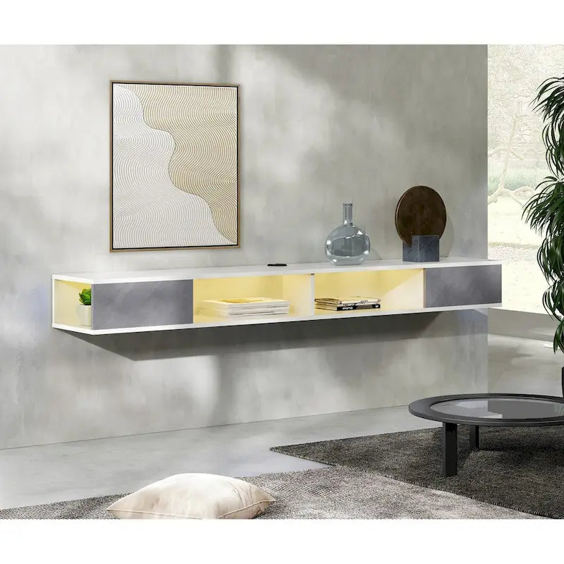 70 Floating TV Stand Wall Mounted, Floating Entertainment Center for Living Room Bedroom, White&Grey