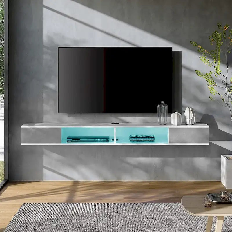 70 Floating TV Stand Wall Mounted, Floating Entertainment Center for Living Room Bedroom, White&Grey