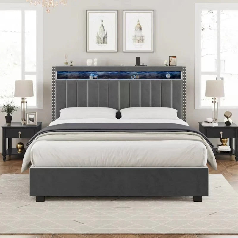 King Size Gas Lift Storage Bed with RF LED Lights, Storage Headboard, King Size Velvet
