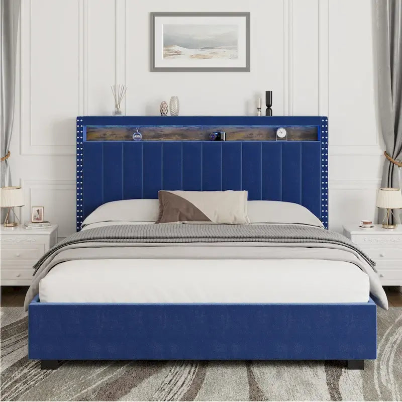 King Size Gas Lift Storage Bed with RF LED Lights, Storage Headboard, King Size Velvet