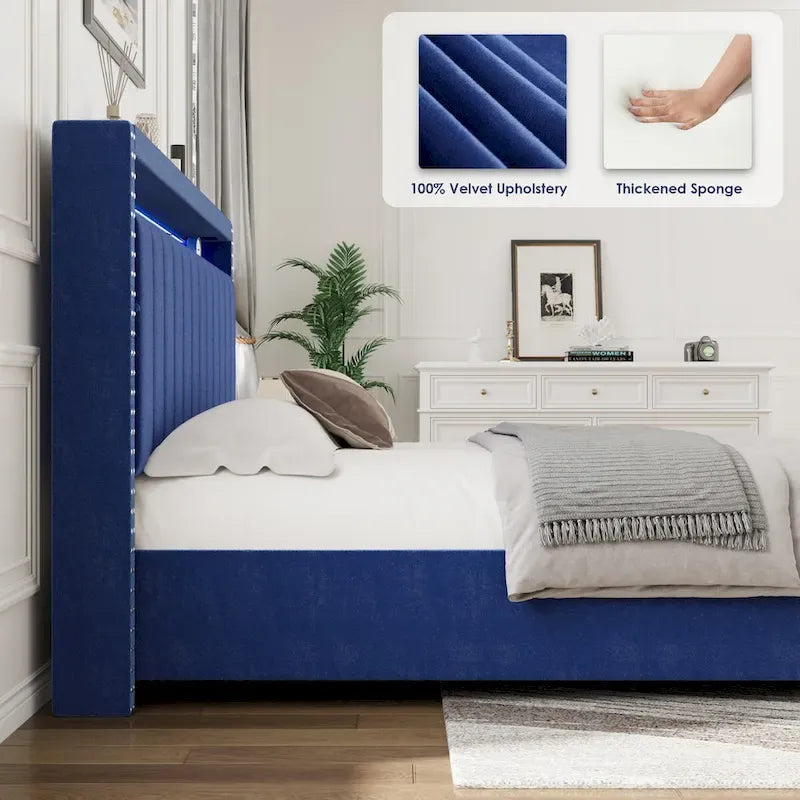 King Size Gas Lift Storage Bed with RF LED Lights, Storage Headboard, King Size Velvet