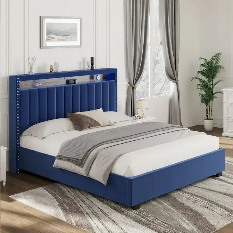 King Size Gas Lift Storage Bed with RF LED Lights, Storage Headboard, King Size Velvet