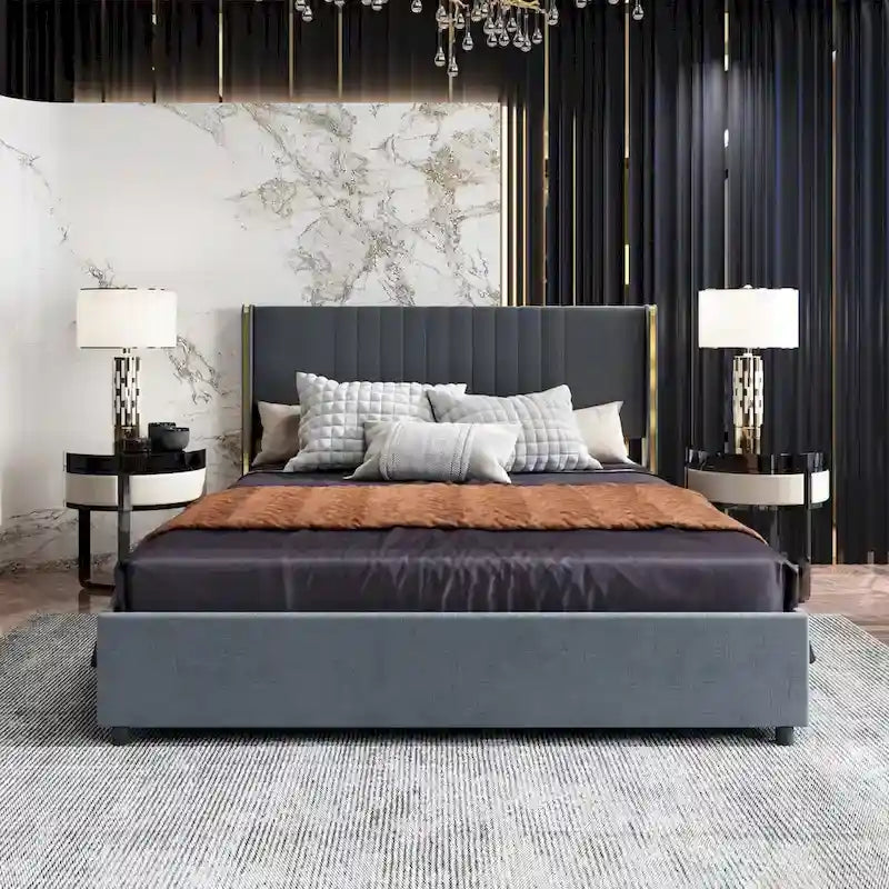 Upholstered LED Platform Bed with Storage Drawer
